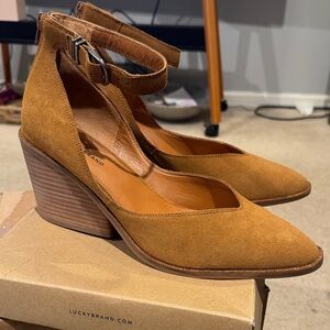 Suede Ankle-Strap Wedge Pumps in Camel- Worn only once